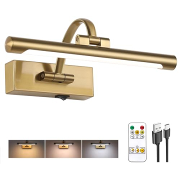 Tassuowell Rechargeable Picture Light with Remote Control,12 Inch Brass Finish Adjustable Wireless A...