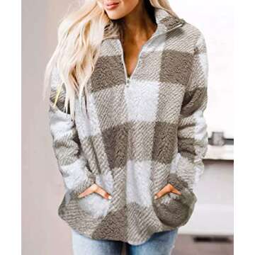 ZESICA Women's Plaid Long Sleeve Zipper Sherpa Fleece Sweatshirt Pullover Jacket Coat with Pockets,K...