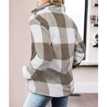ZESICA Women's Plaid Long Sleeve Zipper Sherpa Fleece Sweatshirt Pullover Jacket Coat with Pockets,Khaki,Small