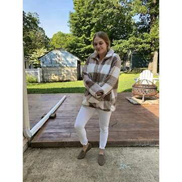 ZESICA Women's Plaid Long Sleeve Zipper Sherpa Fleece Sweatshirt Pullover Jacket Coat with Pockets,Khaki,Small