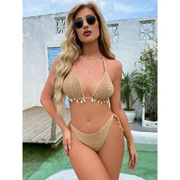 SOLY HUX Women's Halter Triangle Tops Tie Side Bikini Bathing Suits 2 Piece Swimsuits Solid Khaki S