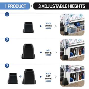 Home It Adjustable Bed Risers - Elevation in 3, 5 or 8 Inch - Heavy Duty Stackable Furniture Risers ...