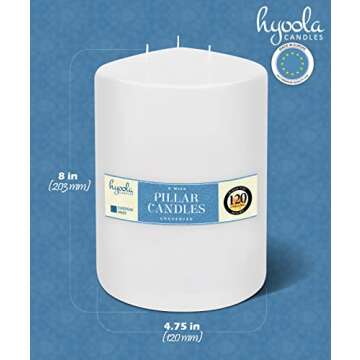 Hyoola White Three Wick Large Candle - 4.75 x 8 Inch - Unscented Big Pillar Candles - 120 Hour - European Made