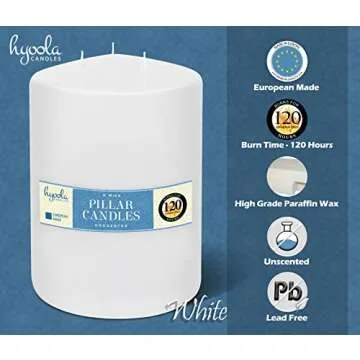 Hyoola White Three Wick Large Candle - 4.75 x 8 Inch - Unscented Big Pillar Candles - 120 Hour - European Made