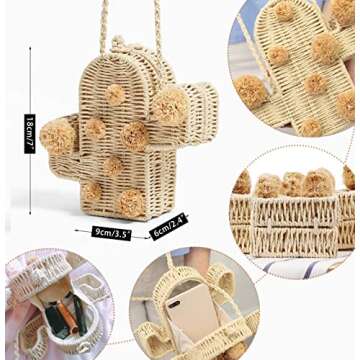 NIBD Beach Bag Cactus Straw Bag Summer Bags with Pom Pom Women Messenger Handbag Braided New Rattan Bag, Beige, 7.5"*7.5"*2.4"