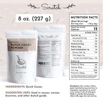 Scratch Premium Dutch Cocoa Powder - Gourmet Baking Ingredients - Rich Creamy Chocolate Flavor - Natural Smooth Low-Fat Mix - Contains Calcium, Iron, Potassium, & Dietary Fiber (8 oz)