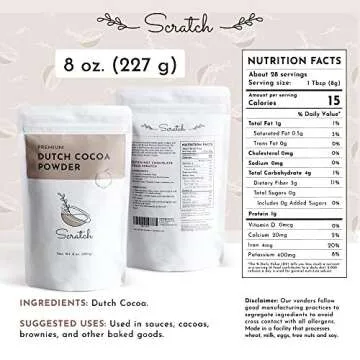 Scratch Premium Dutch Cocoa Powder - Gourmet Baking Ingredients - Rich Creamy Chocolate Flavor - Natural Smooth Low-Fat Mix - Contains Calcium, Iron, Potassium, & Dietary Fiber (8 oz)