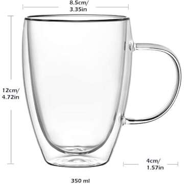 4-Pack 12 Oz Double Walled Glass Coffee Mugs with Handle, Insulated Layer Coffee Cups, Clear Borosil...