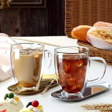 4-Pack 12 Oz Double Walled Glass Coffee Mugs with Handle, Insulated Layer Coffee Cups, Clear Borosilicate Glass Mugs, Gift for Cappuccino,Tea,Latte,Espresso,Hot Beverage,Wine, Microwave Safe, Set of 4