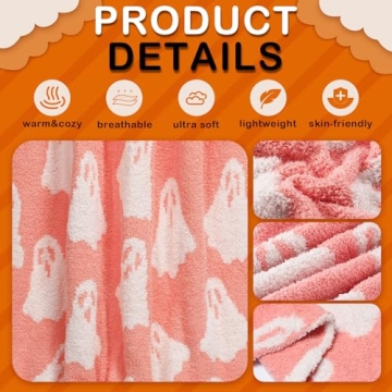 Tingjoo 50 x 60'' Halloween Ghost Throw Blanket Microfiber Blanket Pink White Ghost Throw Blanket Cute Blanket Soft Cozy Fluffy Halloween Blanket for Living Room Sofa Bed(Ghost, Peach Pink)