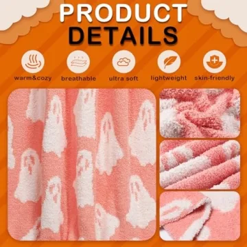 Tingjoo 50 x 60'' Halloween Ghost Throw Blanket Microfiber Blanket Pink White Ghost Throw Blanket Cute Blanket Soft Cozy Fluffy Halloween Blanket for Living Room Sofa Bed(Ghost, Peach Pink)