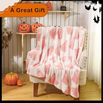 Tingjoo 50 x 60'' Halloween Ghost Throw Blanket Microfiber Blanket Pink White Ghost Throw Blanket Cute Blanket Soft Cozy Fluffy Halloween Blanket for Living Room Sofa Bed(Ghost, Peach Pink)
