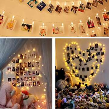 Photo Clip 17Ft - 50 LED Fairy String Lights with 50 Clear Clips for Hanging Pictures, Christmas Party Birthday Decoration - Perfect Dorm Bedroom Wall Decor Wedding Decorations