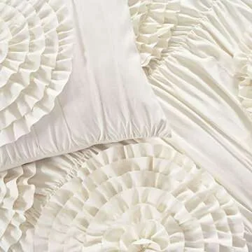 Lush Decor Serena Comforter Set, 3 Piece Set, King, Ivory - Ruched Ruffled Flower Design - Romantic Ruffle Bedding Set - Vintage Glam & Farmhouse Bedroom Decor