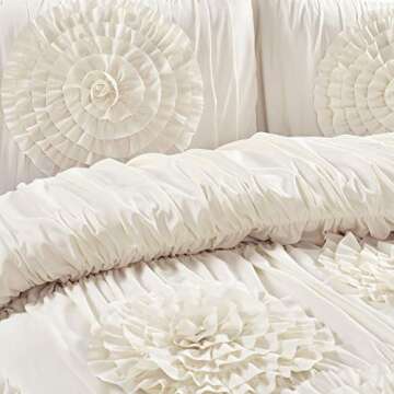 Lush Decor Serena Comforter Set, 3 Piece Set, King, Ivory - Ruched Ruffled Flower Design - Romantic Ruffle Bedding Set - Vintage Glam & Farmhouse Bedroom Decor