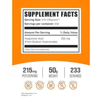 BulkSupplements.com Hyaluronic Acid Powder - Hyaluronic Acid Supplements, Hyaluronic Acid 215mg - Hyaluronic Acid Food Grade, Gluten Free - 215mg per Serving, 50g (1.8 oz) (Pack of 1)