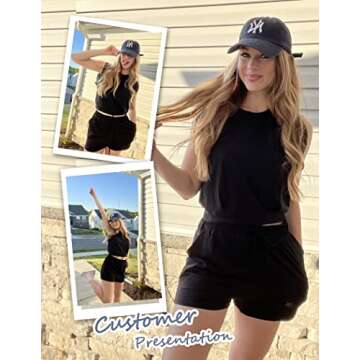 Zeagoo Women's Summer Short Sleeve Casual Set Solid Color Tracksuits 2 Piece Outfits Beach Set,Black,Large