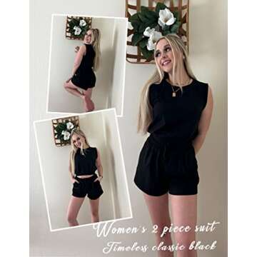 Zeagoo Women's Summer Short Sleeve Casual Set Solid Color Tracksuits 2 Piece Outfits Beach Set,Black,Large