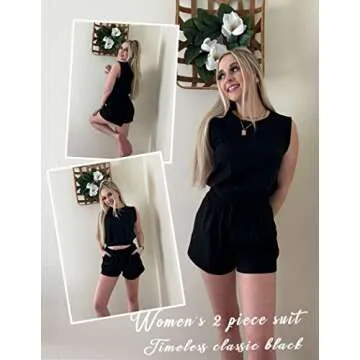 Zeagoo Women's Summer Short Sleeve Casual Set Solid Color Tracksuits 2 Piece Outfits Beach Set,Black,Large