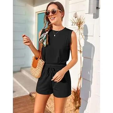 Zeagoo Women's Summer Short Sleeve Casual Set Solid Color Tracksuits 2 Piece Outfits Beach Set,Black,Large