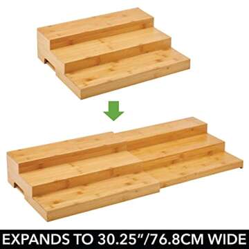 mDesign Bamboo Adjustable, Expandable Spice Rack Organizer with 3 Levels Storage for Kitchen Cabinet, Countertop, Pantry Shelf - Holds Spice Jars - Echo Collection - Natural