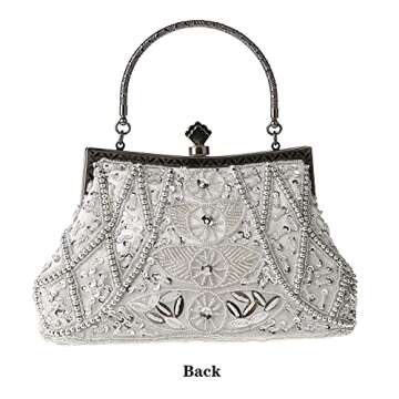 DA BODAN Women's Evening Bag Vintage Beaded Sequin Pearl Clutch Handbag Shoulder Bag Purses for Wedding Bridal Prom Party (Silver)
