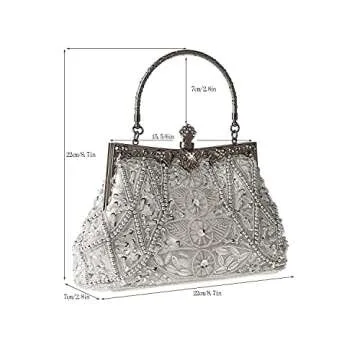 DA BODAN Women's Evening Bag Vintage Beaded Sequin Pearl Clutch Handbag Shoulder Bag Purses for Wedding Bridal Prom Party (Silver)