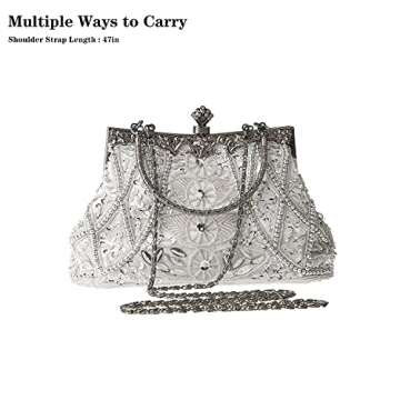 DA BODAN Women's Evening Bag Vintage Beaded Sequin Pearl Clutch Handbag Shoulder Bag Purses for Wedding Bridal Prom Party (Silver)