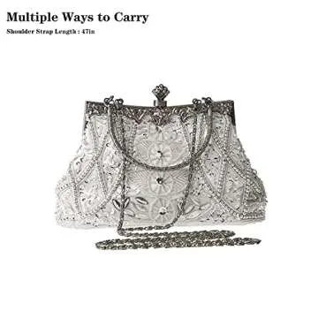 DA BODAN Women's Evening Bag Vintage Beaded Sequin Pearl Clutch Handbag Shoulder Bag Purses for Wedding Bridal Prom Party (Silver)
