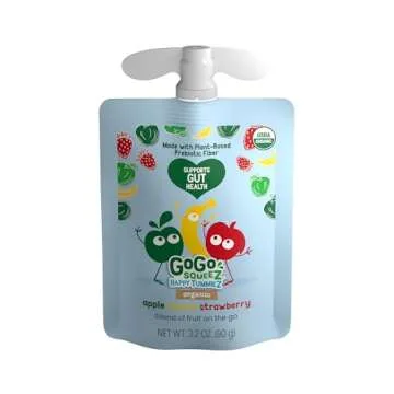 GoGo squeeZ Happy tummieZ Organic Apple Banana Strawberry, 3.2 oz (Pack of 24), Kids Snacks with Prebiotic Fiber, Gluten Free, Nut Free, Dairy Free Gut-Friendly Snack