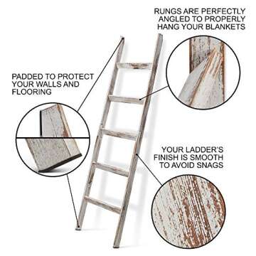 Short Birds Rustic 5ft Blanket Ladder - Farmhouse Home Decor - Quilt/Towels/Throw - Wood - Decorative Shelf - Easy Assembly - Leaning - Padded - White Wash - Dark Brown (White Wash)