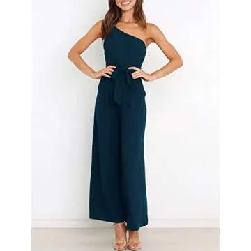ANRABESS Women Summer Dressy Jumpsuits One Shoulder Sleeveless Casual Wide Leg Pants Romper Jumper 2025 Trendy Outfits Navy Blue Small