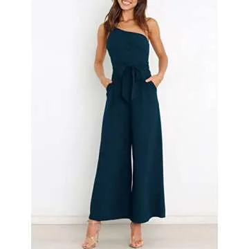 ANRABESS Women Summer Dressy Jumpsuits One Shoulder Sleeveless Casual Wide Leg Pants Romper Jumper 2025 Trendy Outfits Navy Blue Small