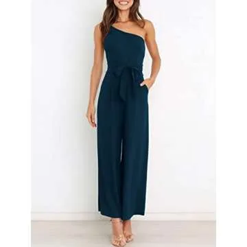 ANRABESS Women Summer Dressy Jumpsuits One Shoulder Sleeveless Casual Wide Leg Pants Romper Jumper 2025 Trendy Outfits Navy Blue Small