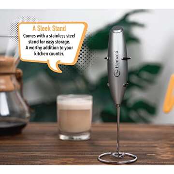 Elementi Milk Frother Wand & Matcha Mixer, Mini Electric Whisk for Coffee - Frother for Coffee - Milk Frother Handheld - Coffee Stirrers Electric Matcha Frother & Hand Whisk (Silver)