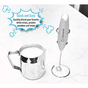 Elementi Milk Frother Wand & Matcha Mixer, Mini Electric Whisk for Coffee - Frother for Coffee - Milk Frother Handheld - Coffee Stirrers Electric Matcha Frother & Hand Whisk (Silver)
