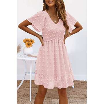 TECREW Women Flutter Sleeve V Neck Ruffle Mini Dress Summer Chiffon Pom Pom Party Dress, LightPink, ...