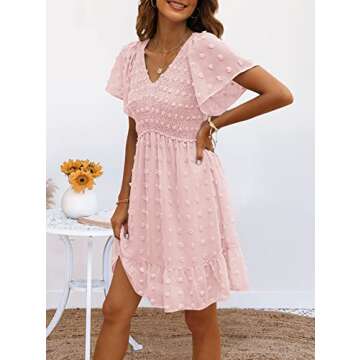 TECREW Women Flutter Sleeve V Neck Ruffle Mini Dress Summer Chiffon Pom Pom Party Dress, LightPink, Large