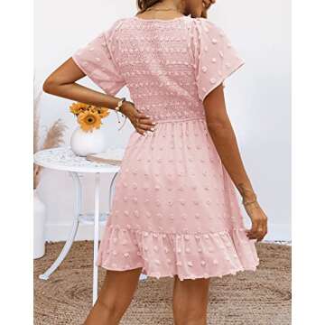 TECREW Women Flutter Sleeve V Neck Ruffle Mini Dress Summer Chiffon Pom Pom Party Dress, LightPink, Large