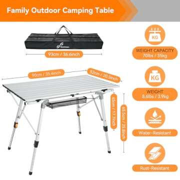 Sportneer Camping Tables That Fold Up Lightweight, Adjustable Height Aluminum Folding Table with Top Mesh Layer, Roll Up Camping Table for Outdoor Camp Picnic Beach RV Backyards Kitchen BBQ