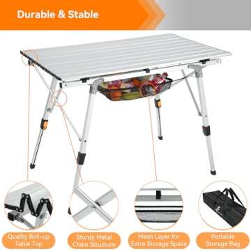 Sportneer Camping Tables That Fold Up Lightweight, Adjustable Height Aluminum Folding Table with Top Mesh Layer, Roll Up Camping Table for Outdoor Camp Picnic Beach RV Backyards Kitchen BBQ