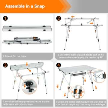 Sportneer Camping Tables That Fold Up Lightweight, Adjustable Height Aluminum Folding Table with Top Mesh Layer, Roll Up Camping Table for Outdoor Camp Picnic Beach RV Backyards Kitchen BBQ