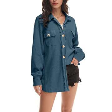 Nirovien Womens Waffle Knit Shacket Oversized Button Down Shirt Jacket Lightweight Long Sleeve Tops with Pockets(Dark Blue,L)
