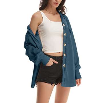 Nirovien Womens Waffle Knit Shacket Oversized Button Down Shirt Jacket Lightweight Long Sleeve Tops with Pockets(Dark Blue,L)