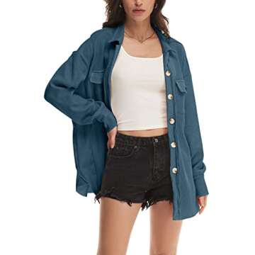 Nirovien Womens Waffle Knit Shacket Oversized Button Down Shirt Jacket Lightweight Long Sleeve Tops with Pockets(Dark Blue,L)