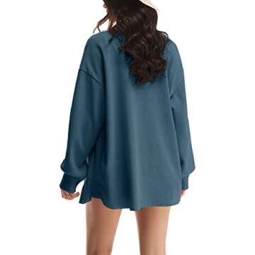 Nirovien Womens Waffle Knit Shacket Oversized Button Down Shirt Jacket Lightweight Long Sleeve Tops with Pockets(Dark Blue,L)