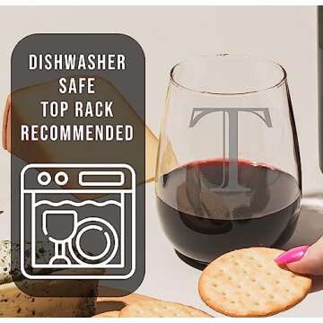 Monogram Etched 17oz Stemless Wine Glass (Letter T) A-Z Personalized gifts for Women, Custom wine glasses, Monogrammed Birthday gift for Her Initial