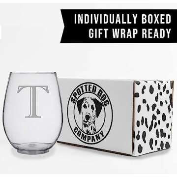 Monogram Etched 17oz Stemless Wine Glass (Letter T) A-Z Personalized gifts for Women, Custom wine glasses, Monogrammed Birthday gift for Her Initial