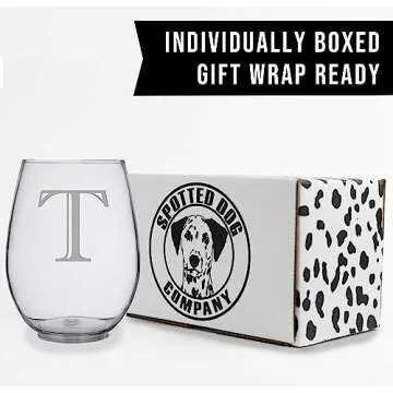 Monogram Etched 17oz Stemless Wine Glass (Letter T) A-Z Personalized gifts for Women, Custom wine glasses, Monogrammed Birthday gift for Her Initial