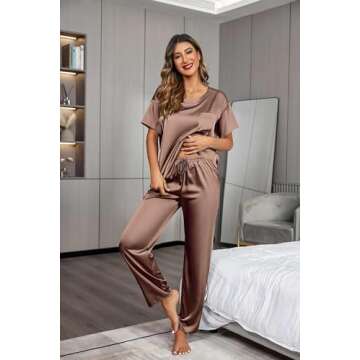 Ekouaer Womens Silk Satin Pajamas Set Two Piece Pj Sets Sleepwear Loungewear Short Sleeve Pj Sets Coffee
